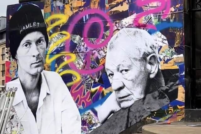 Sir Ian McKellen and Johan Christensen depicted in the front of house signage for Hamlet at the Ashton Hall, Edinburgh