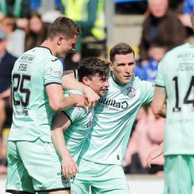 Hibs celebrate a rare goal from Lewis Stevenson to earn them a point against St Johnstone.