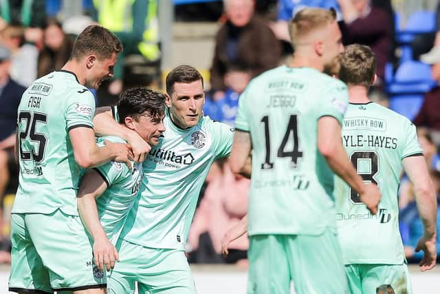 Hibs celebrate a rare goal from Lewis Stevenson to earn them a point against St Johnstone.