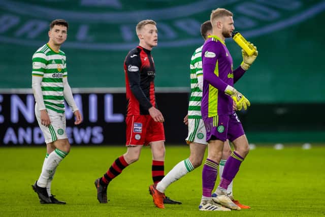 Celtic players troop off after the abject St MIrren loss last Saturday that marked a home league defeat of the type they hadn't suffered in fiive years. (Photo by Craig Williamson / SNS Group)