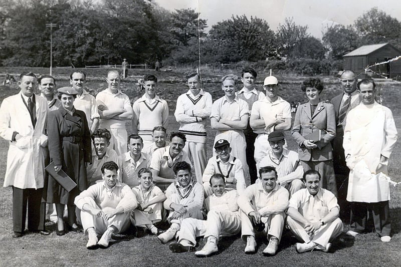 Purbrook cricket club at some point during the 1950's. Groundsman Bob Scantlebury  is standing, second from the right, and the then landlord of the Leopard pub is the umpire on the far left.