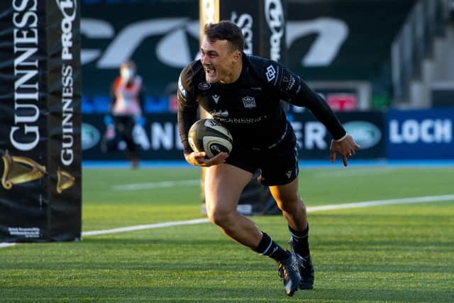 Cole Forbes is all smiles as he goes over for a first half try for Glasgow Warriors. Picture: Ross MacDonald / SNS