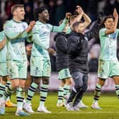 Hibs manager Lee Johnson and his players celebrate the win over St Mirren.