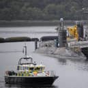 Vanguard-class submarine HMS Vigilant, one of the UK's four nuclear warhead-carrying submarines, at HM Naval Base Clyde