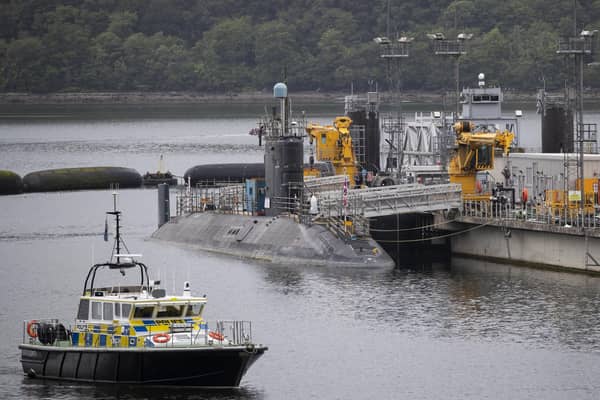 Vanguard-class submarine HMS Vigilant, one of the UK's four nuclear warhead-carrying submarines, at HM Naval Base Clyde