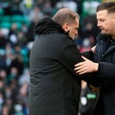 Celtic manager Ange Postecoglou and Dundee United manager Tam Courts share a few words at full-time of the teams' last meeting six weeks ago, won by the  Parkhead hosts with a last-minute goal.  (Photo by Craig Foy / SNS Group)