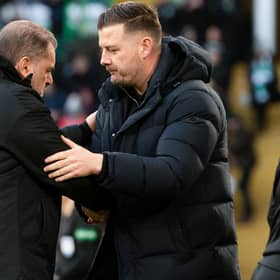 Celtic manager Ange Postecoglou and Dundee United manager Tam Courts share a few words at full-time of the teams' last meeting six weeks ago, won by the  Parkhead hosts with a last-minute goal.  (Photo by Craig Foy / SNS Group)
