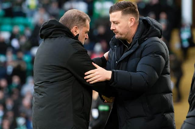 Celtic manager Ange Postecoglou and Dundee United manager Tam Courts share a few words at full-time of the teams' last meeting six weeks ago, won by the Parkhead hosts with a last-minute goal. (Photo by Craig Foy / SNS Group)