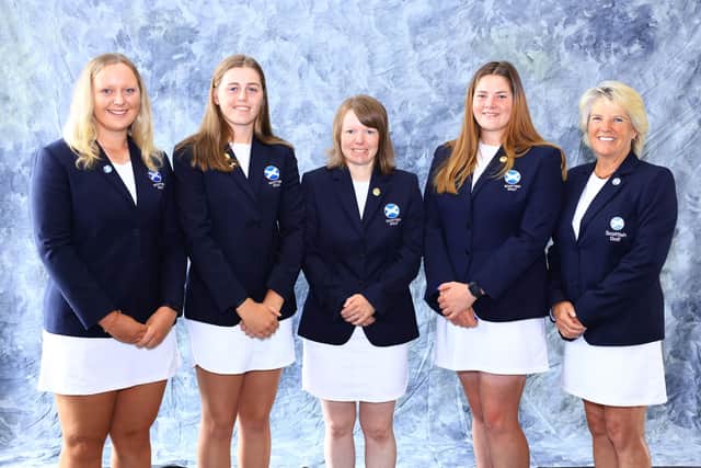 Scotland World Amateur Team, from left to right, Chloé Goadby, Hannah Darling, captain Gillian Paton, Lorna McClymont and coach/manager Kathryn Imrie at Le Golf National in France. Picture: USGA/Steven Gibbons.