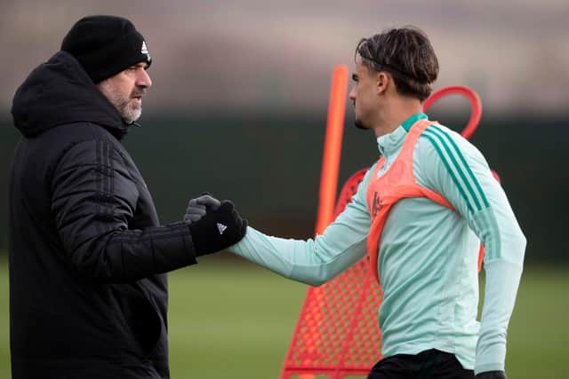 Celtic manager Ange Postecoglou with Jota - one of six possible derby debutants to face Rangers on Wednesday. (Photo by Craig Foy / SNS Group)
