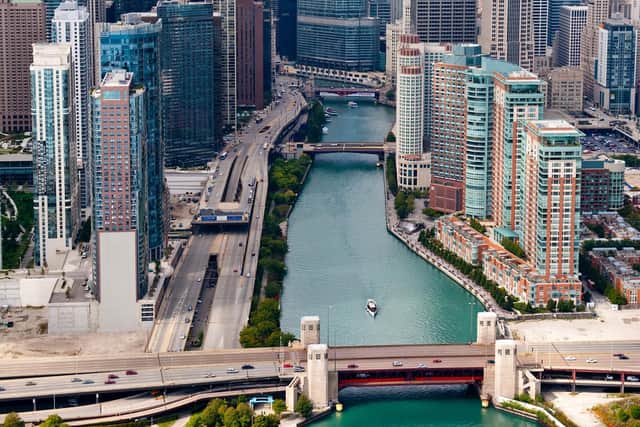 The skyscrapers of downtown Chicago, and its namesake river.