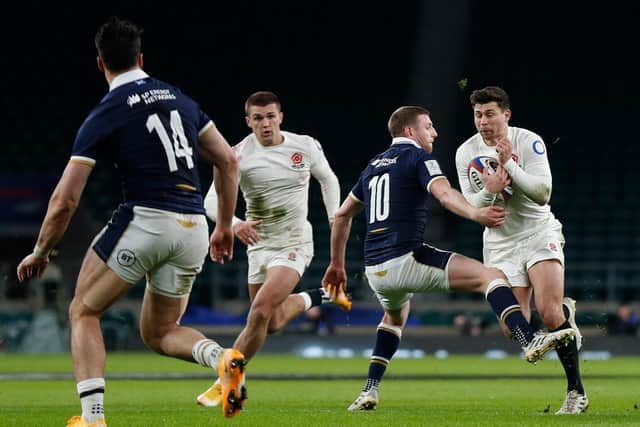 Scotland stand-off Finn Russell was shown the yellow card for an attempted trip on England scrum-half Ben Youngs. Picture: Adrian Dennis/AFP via Getty Images