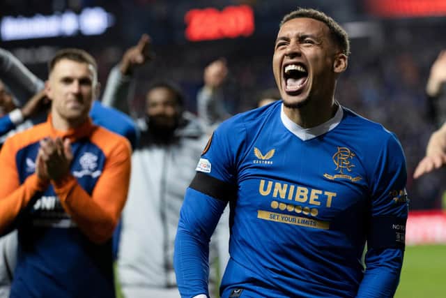 Rangers' James Tavernier celebrates the UEFA Europa League Semi-Final win over RB Leipzig at Ibrox Stadium. (Photo by Craig Williamson / SNS Group)