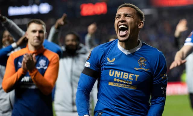 Rangers' James Tavernier celebrates the UEFA Europa League Semi-Final win over RB Leipzig at Ibrox Stadium. (Photo by Craig Williamson / SNS Group)