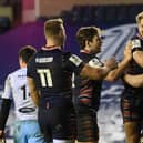 Edinburgh players celebrate Magnus Bradbury's try against Glasgow Warriors.