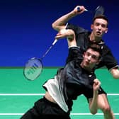 Scotland's Christopher Grimley and Matthew Grimley in action during the YONEX All England Open Badminton Championships at the Utilita Arena Birmingham in March.