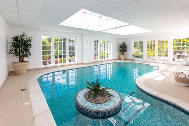 Interior: The 4,800-sq ft floor space features a drawing room, dining room, kitchen with Aga, and a leisure complex with swimming pool, sauna and French doors opening to the garden. The main bedroom, upstairs, has an ensuite and balcony and the rest are good-sized.