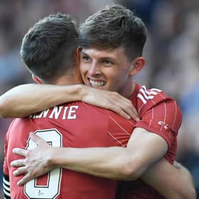 Leighton Clarkson and Graeme Shinnie embrace after the former's opener for Aberdeen last night against St Mirren - will they still be at Aberdeen next season?   (Photo by Craig Foy / SNS Group)
