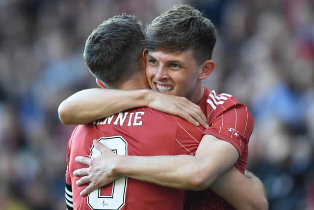 Leighton Clarkson and Graeme Shinnie embrace after the former's opener for Aberdeen last night against St Mirren - will they still be at Aberdeen next season? (Photo by Craig Foy / SNS Group)