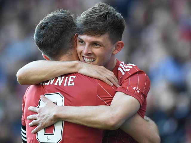 Leighton Clarkson and Graeme Shinnie embrace after the former's opener for Aberdeen last night against St Mirren - will they still be at Aberdeen next season?   (Photo by Craig Foy / SNS Group)