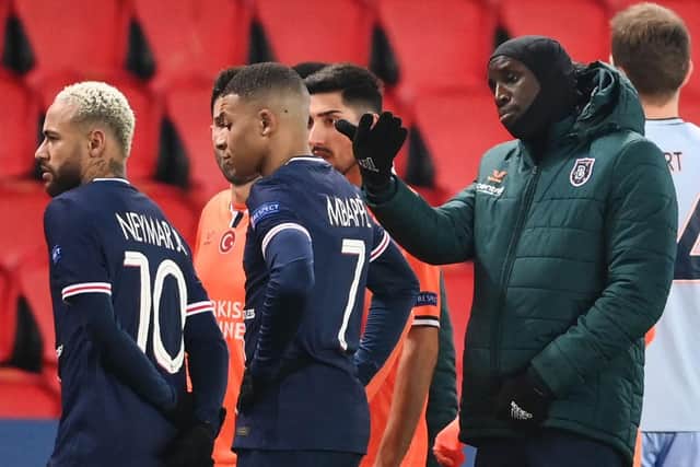 Demba Ba (right) led Istanbul Basaksehir's protests following the incident at Parc des Princes (Getty Images)
