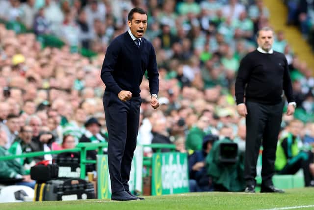 Rangers manager Giovanni van Bronckhorst issues intructions to his players during the 1-1 draw at Celtic Park. (Photo by Ian MacNicol/Getty Images)