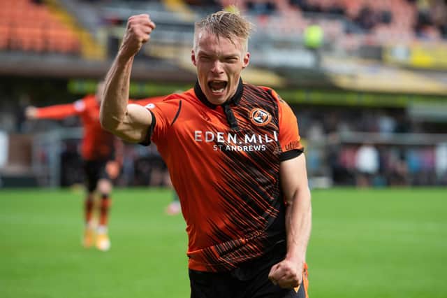 Ilmari Niskanen celebrates making it 1-0 during the cinch Premiership match between Dundee United and Ross County.