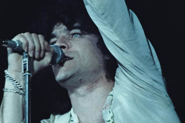 Dan McCafferty on stage with Nazareth at the Great British Music Festival at Olympia, London, in 1976. (Photo by Keystone/Hulton Archive/Getty Images)