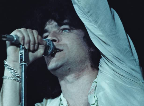 Dan McCafferty on stage with Nazareth at the Great British Music Festival at Olympia, London, in 1976. (Photo by Keystone/Hulton Archive/Getty Images)