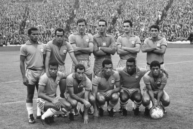 Pele, front row, second from right, pictured at Hampden with his Brazil team-mates in a warm-up match for the 1966 World Cup.