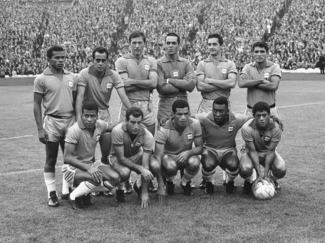 Pele, front row, second from right, pictured at Hampden with his Brazil team-mates in a warm-up match for the 1966 World Cup.