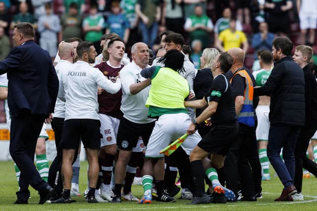Tempers frayed at the end of the last Edinburgh derby, with Rocky Bushiri among those sent off.
