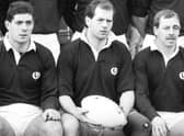 Gary Callander, flanked by Gavin Hastings (left) and Roy Laidlaw (right), before the Wales v Scotland match in February 1988