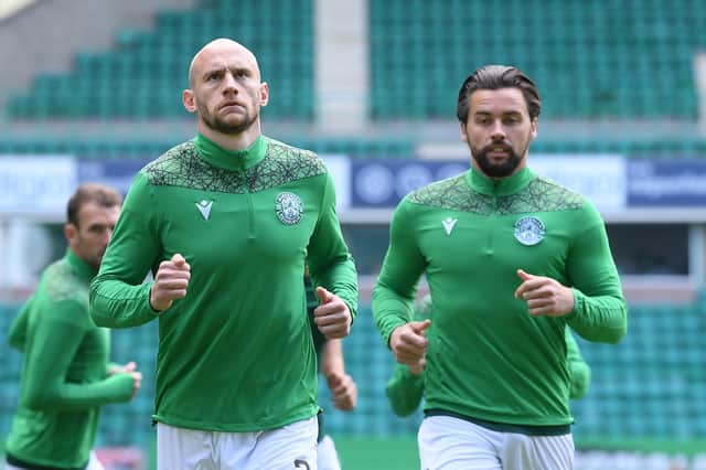 David Gray and Darren McGregor warm up before the final league game of last season v Celtic. It proved to be Gray's last appearance as a professional footballer (Photo by Ross Parker / SNS Group)