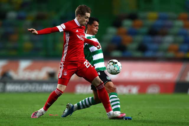 Scott Wright in action for Aberdeen against Sporting Lisbon in the Europa League earlier this season. He will be able to play for his new club Rangers in the knockout stage of the tournament. (Photo by Carlos Rodrigues/Getty Images)