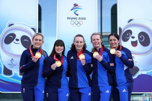 Great Britain's Mili Smith, Hailey Duff, Jennifer Dodds, Vicky Wright and Eve Muirhead celebrate with the gold medal after victory in the Women's Gold Medal Game against Japan. (Picture: Andrew Milligan/PA Wire).