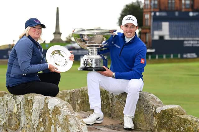 Susan and Matthew Fitzpatrick pose with their trophies on the Swilcan Bridge at St Andrews after winning the team event in the Alfred Dunhill Links Championship. Picture: Octavio Passos/Getty Images.