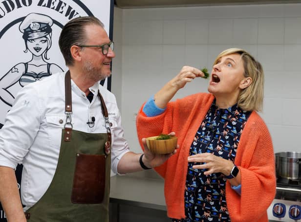 Belgian chef Donald Deschagt and Flemish agriculture minister Hilde Crevits have a taste at the launch of an event to promote seaweed as a source of protein in Oostende in April (Picture: Kurt Desplenter/Belga Mag/AFP via Getty Images)
