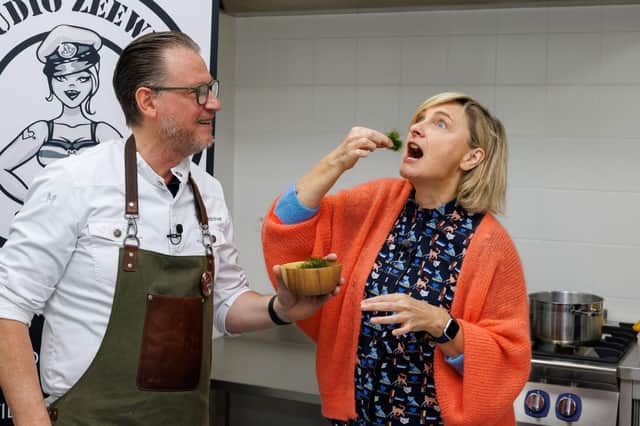 Belgian chef Donald Deschagt and Flemish agriculture minister Hilde Crevits have a taste at the launch of an event to promote seaweed as a source of protein in Oostende in April (Picture: Kurt Desplenter/Belga Mag/AFP via Getty Images)