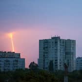 A Russian rocket launched toward Ukraine from Russia's Belgorod region is seen at dawn in Kharkiv, Ukraine. Picture: AP Photo/Vadim Belikov