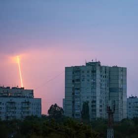 A Russian rocket launched toward Ukraine from Russia's Belgorod region is seen at dawn in Kharkiv, Ukraine. Picture: AP Photo/Vadim Belikov