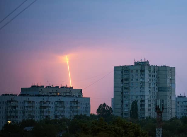 A Russian rocket launched toward Ukraine from Russia's Belgorod region is seen at dawn in Kharkiv, Ukraine. Picture: AP Photo/Vadim Belikov