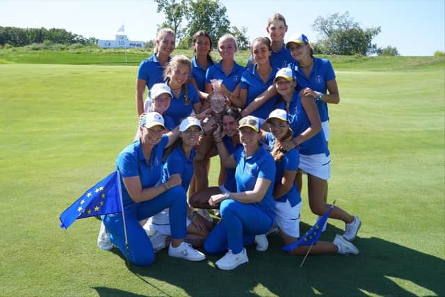 Captain Annika Sorenstam and her players celebrate winning the Junior Solheim Cup at Sylvania Country Club in Ohio.
