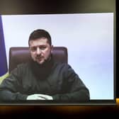 Ukrainian President Volodymyr Zelensky has called on people around the world to come "to your squares, your streets" to stand with Ukraine and against the war on Thursday. Photo by Behrouz Mehri - Getty Images