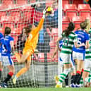 Rangers' Victoria Esson saves a shot a goal during a Scottish Women's Premier League match between Rangers and Celtic at Broadwood Stadium.