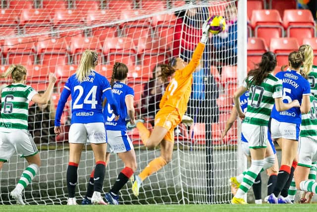 Rangers' Victoria Esson saves a shot a goal during a Scottish Women's Premier League match between Rangers and Celtic at Broadwood Stadium.
