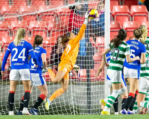 Rangers' Victoria Esson saves a shot a goal during a Scottish Women's Premier League match between Rangers and Celtic at Broadwood Stadium.