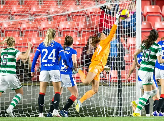 Rangers' Victoria Esson saves a shot a goal during a Scottish Women's Premier League match between Rangers and Celtic at Broadwood Stadium.