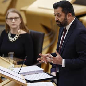 Humza Yousaf reacts as he answers questions during First Minister's Questions at the Scottish Parliament. Picture: Jeff J Mitchell/Getty Images