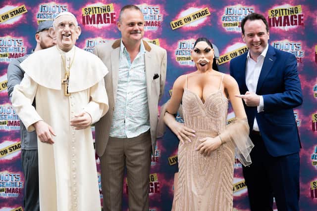 Comedians Matt Forde, right, and Al Murray with puppets of Pope Francis and Kim Kardashian at the opening night of Idiots Assemble: Spitting Image The Musical in June last year (Picture: James Manning/PA)